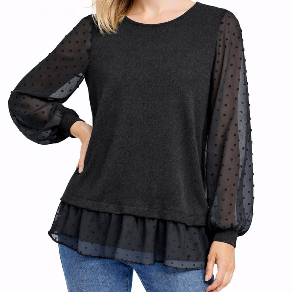 Lily Morgan Womens Black Swiss Dot Sheer Sleeve S Knit Sweater Blouse Layer Look